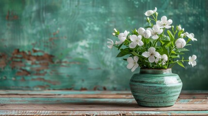 A vase with white flowers on a wooden table against green wall, AI
