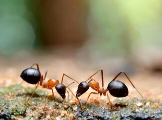 Ants fighting closeup high-def. Macro photography. Tropical rainforest insects.