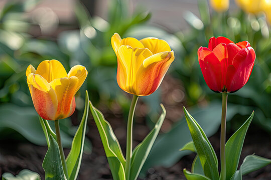 yellow and red tulips in flower garden background 
