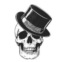 Hand drawn brutal human skull with gentlemen top hat. Monochrome black and white Vector illustration print on t shirts and souvenirs. Vintage tattoo hand drawn style. engraved woodcut etching style