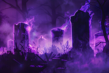 Haunted graveyard scene with neon purple outlines isolated on black background.