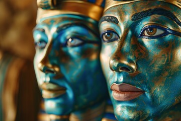 A couple embodies Egyptian pharaohs, adorned in dark black and blue hues, showcasing intricate body art inspired by nature. - obrazy, fototapety, plakaty
