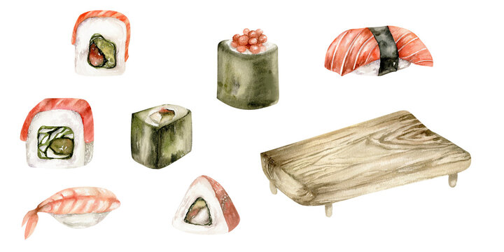 Sushi set with sashimi with salmon, rolls with caviar, sushi with fish and wooden plate watercolor illustration. Hand drawn food clip art for restaurant, lavel, cafe, menu design. Sea food collection