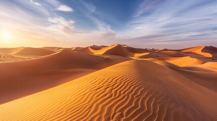 Fototapeta na wymiar Golden morning light casts long shadows across the undulating sand dunes of the Sahara Desert