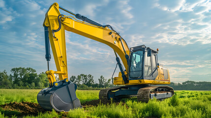 excavator loads the ground in the stone crusher machine during earthmoving works outdoors on green field, Creative Banner. Copyspace image - obrazy, fototapety, plakaty