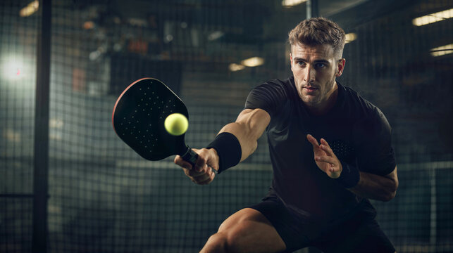 Suggestive shot of a young handsome player playing padel holding a padel racket in the court. Black sportswear. Sport.
