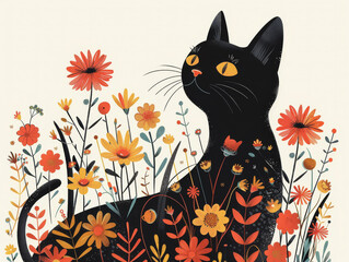 Stylized graphic illustration of a black cat lounging among warm-colored flowers, ai generated