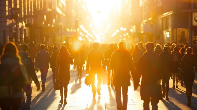 A group of people walking down a street in the sunlight, AI