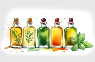 Colorful essence bottles with vibrant hues and botanical elements captured in an artistic illustration