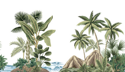 Obraz premium Tropical jungle palm trees, banana tree, green plants floral seamless border white background. Hawaiian island and sea waves wallpaper. 