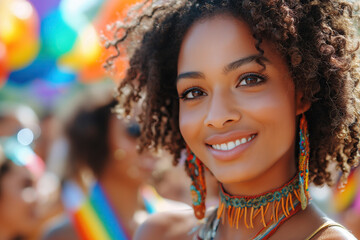 happy black smiling bisexual lesbian girl in a crowd of people at street LGBT parade pride in summer - obrazy, fototapety, plakaty
