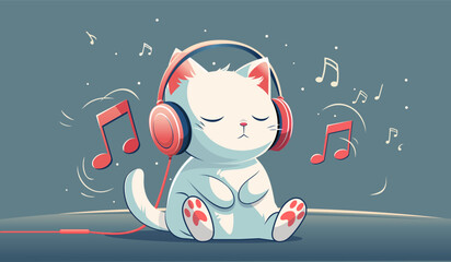 Cute white cat listens to music on headphones. Cat is a music lover. Cartoon logo. Vector illustration