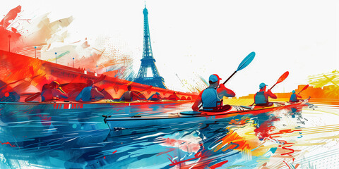 The Olympic Games in Paris France 2024. Swimmers kayakers with oars in a special boat sail along the Eiffel Tower. Illustration.