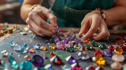 Close-up of gemstones with a jeweller examining the multi-coloured jewels