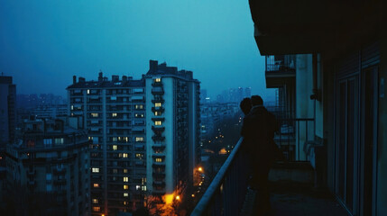 An evening on a city balcony, two silhouettes share a moment