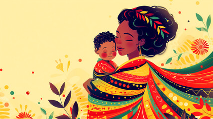 A beautiful illustration of a happy young African American woman with a baby in her arms. The concept of the day of the abolition of slavery in America, June 19, freedom, heritage and culture.