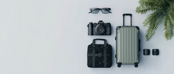 Traveling flat lay mockup with suitcases, luggages, accessorize for trips. Top view. Vacation, travel, adventure tourism leisure concept. Generative ai