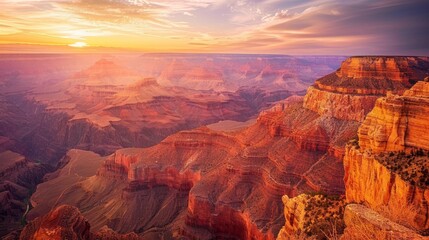 A breathtaking sunset envelops the Grand Canyons layered cliffs in a symphony of rich earthy hues...