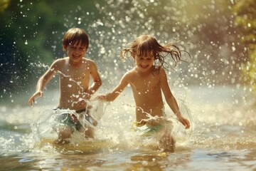 Obraz premium Kids Playing and Splashing in Water on a Hot Summer Day
