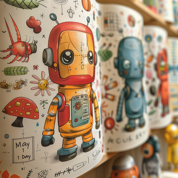 Envase con dise&ntilde;o sarc&aacute;stico con robots y el lema "May 1, 1 Day", alg&uacute;n d&iacute;a, sobre el d&iacute;a del trabajador. Modelos en colores con fondo blanco dise&ntilde;os variados