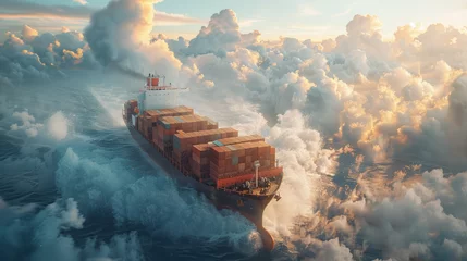 Poster close shot of container ship is flying in air with clouds like sea waves  " ai genarated " © Shaji
