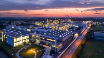 Aerial view of biotech industrial park at dusk, lights illuminating the path to innovation, future of healthcare ar 52