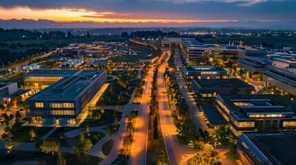Fototapeta na wymiar Aerial view of biotech industrial park at dusk, lights illuminating the path to innovation, future of healthcare ar 52