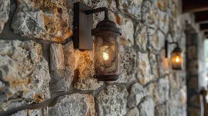 interior rustic itatlian wall mount lights on stone wall