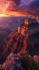 The last rays of the sunset paint the towering cliffs of Grand Canyon National Park in a palette of fiery oranges and deep purples