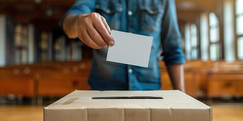 Persona sujetando un papel blanco con su mano derecha, volcando su voto en la urna electoral o cajón de cartón, derecho a decidir, libremente, sobre cualquier tema, emitir una opinión, en un auditorio - obrazy, fototapety, plakaty