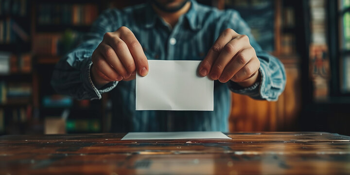 Persona sujetando con ambas manos, un papel blanco mostrando una selección, la persona se ubica tras una mesa con está la urna y el fondo recuerda una biblioteca