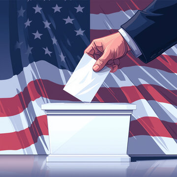 Una mano masculina con traje, deposita su voto en la urna electoral con la bandera de EE. UU. al fondo. Democracia en acci&oacute;n!  &iexcl;Tu voto cuenta! 🗳️🇺🇸 #VotaHoy"
