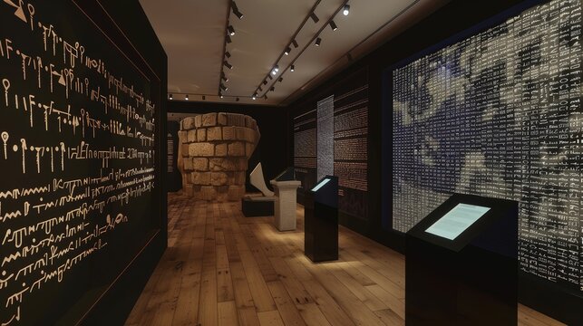 AIcurated virtual museum exhibit showcasing the evolution of written language, from cuneiform to digital code
