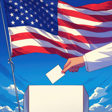 Democracia en acci&oacute;n! Una mano de mujer, deposita su voto en la urna electoral con la bandera de EE. UU. al fondo. &iexcl;Tu voto cuenta! 🗳️🇺🇸 #VotaHoy. fondo azul