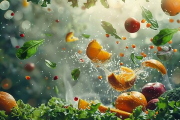 Fruit in the Air: Falling Apple, Tomato, Orange Juice Bursting from Orange