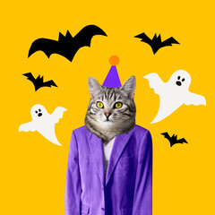 Contemporary art collage in abstract magazine design. Halloween holiday concept, ghost and bat,...