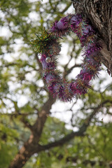 wreath of pink flowers in a tree