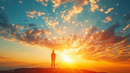 A person standing on a hill with the sun setting behind them, AI