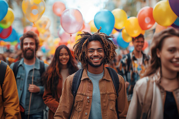 happy black smiling young gay male in a crowd of people at street LGBT parade pride in summer march - obrazy, fototapety, plakaty