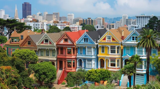 A row of colorful houses sit on a hillside in san francisco, AI