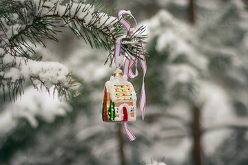 Christmas ornament on the fir tree covered in snow, winter