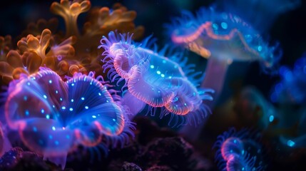 Bioluminescent marine life in biotech research, underwater glow, exploring deep sea genetics ar 169 - obrazy, fototapety, plakaty