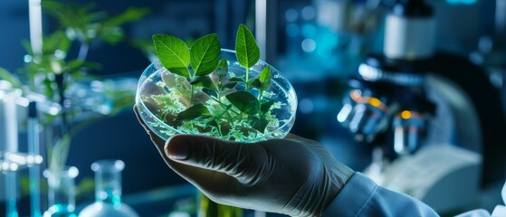 Closeup of a biotechnologists hand holding a petri dish with a new, glowing plant species, lab equipment backdrop - obrazy, fototapety, plakaty