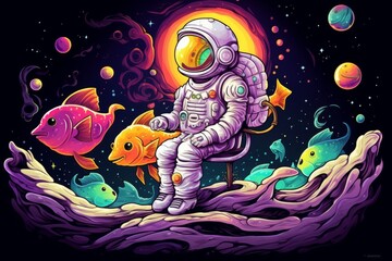 Colorful surreal artwork of an astronaut sitting surrounded by cosmic fish and vibrant planets

creativity, surreal, space, art, vibrant