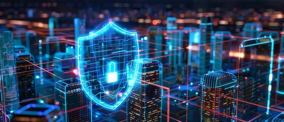 Cybersecurity shield dynamically protecting a network of interconnected smart cities, glowing edges