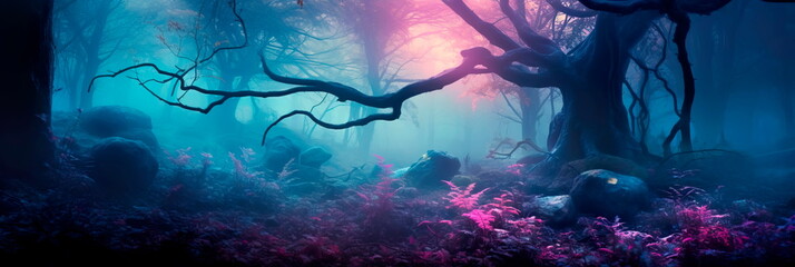 mystical atmosphere of a fog-covered forest by using long exposure to soften the fog and highlight the ghostly outlines of trees. Generative AI - obrazy, fototapety, plakaty