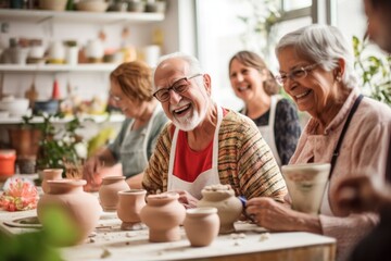 Senior friends laughing and enjoying a pottery class together, creating handmade ceramics, hobbies, community, learning, creativity, enjoyment
