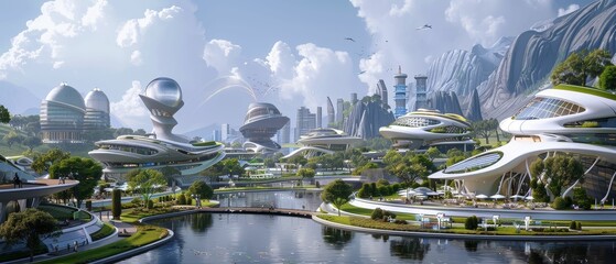 Futuristic city powered by fusion energy, with a focus on harmony between urban living and environmental sustainability - obrazy, fototapety, plakaty