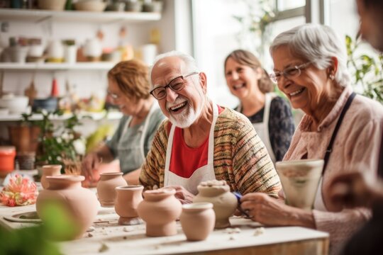 Senior friends laughing and enjoying a pottery class together, creating handmade ceramics, hobbies, community, learning, creativity, enjoyment