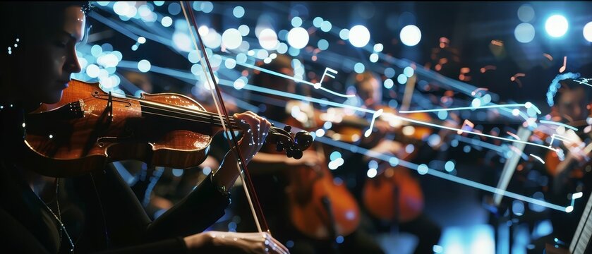 Generative AI composing symphonic music, notes flowing in 3D space, blending classical and futuristic vibes